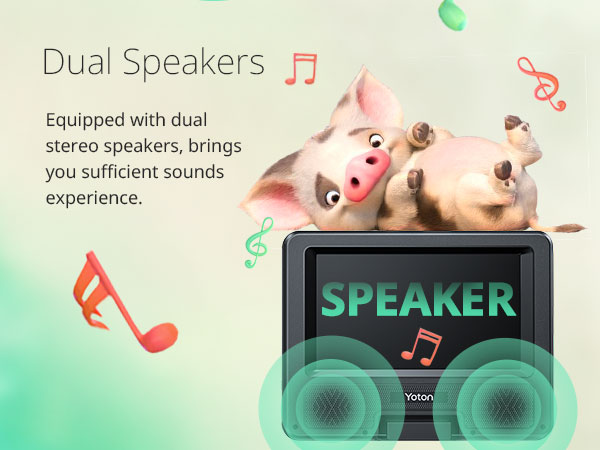 Illustration of dual speakers feature for a device. Shows cartoon pigs with music notes, indicating stereo sound capability for enhanced audio experience.