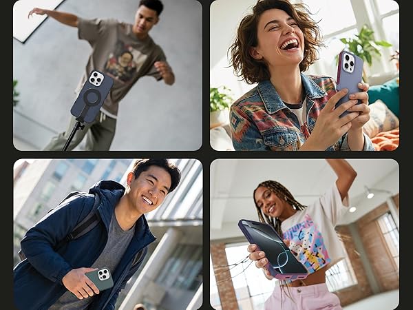 lifestyle images showing commuter case used for recording, video call, on the go, and dancing