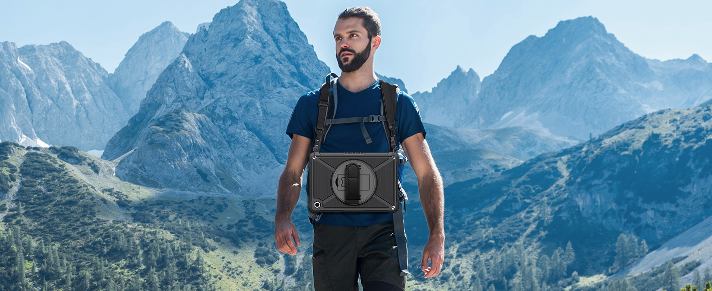 Outdoor backpack worn by a person standing in a mountainous landscape, featuring a large central pocket and sturdy straps.