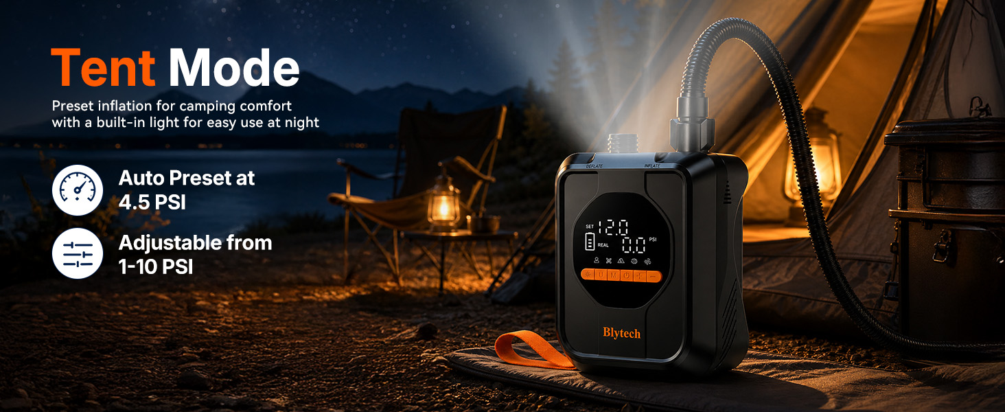 Preset inflation for camping comfortwith a built-in light for easy use at night