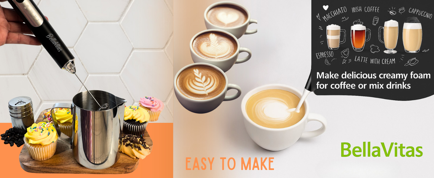 Black frother to whisk milk in a stainless pitcher; cupcakes, latte art cups, and cocoa shaker