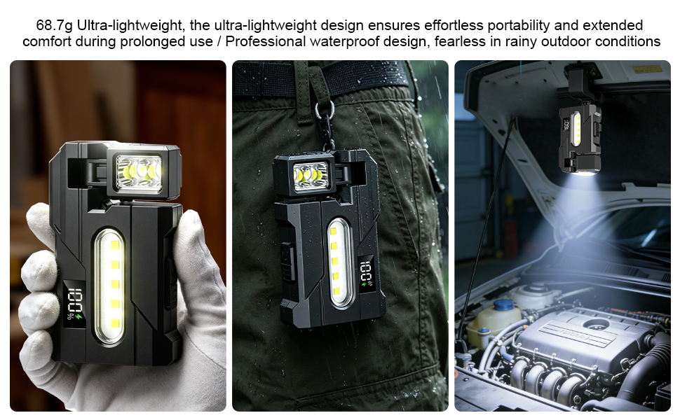 Text reads '68.7g ultra-lightweight, ultra-high performance design ensures reliability and extended comfort during prolonged use. Professional waterproof design; fearless in rainy outdoor conditions.' Thermal imaging camera shown in three usage scenarios.