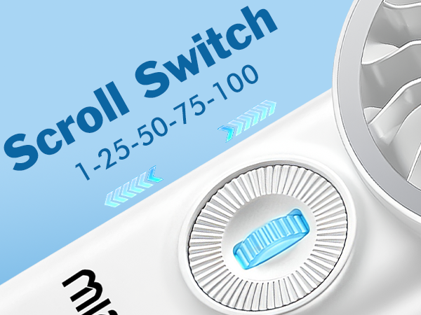 Text reads "Scroll Switch 125-50-725-100". Blue circular scroll wheel device with light blue mounting bracket and connector, shown from top view against white background.