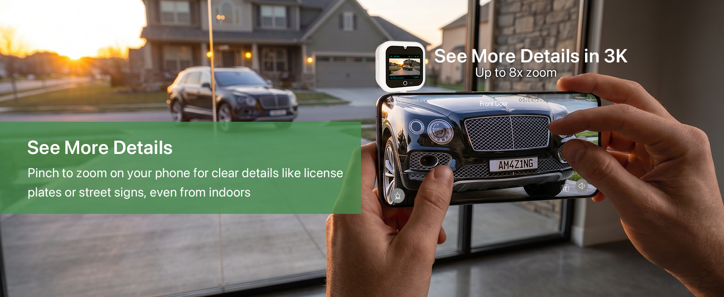 Text reads 'See More Details' and 'Home Devices in 3K'. Hands holding digital device displaying outdoor scene with parked vehicles, showing device screen capability.
