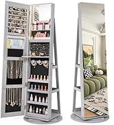 CHARMAID 360° Swivel Jewelry Armoire with Full Length Mirror, Rear Storage Shelves, Lockable Stan...