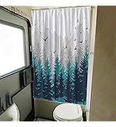 Forest RV Shower Curtains Mountain Happy Camper, Cloth Fabric RV Bathroom Curtain Sets with 8 Hoo...