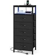 Sweetcrispy Nightstand with Charging Station, Bedside End Table with 5 Fabric Drawers &amp; USB/Type-...