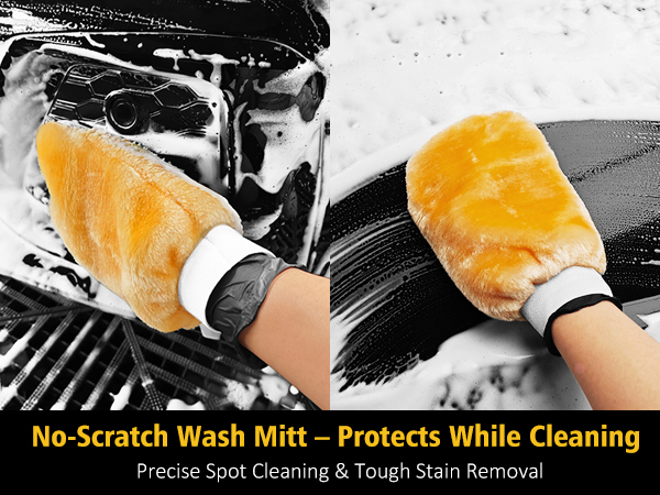 Yellow cleaning mitt demonstrated on car surface. Mitt features protective cuff and is shown removing dirt without scratching. Text indicates it's for precise spot cleaning and stain removal.