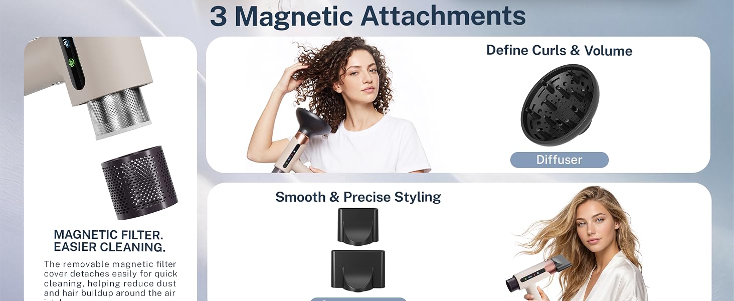 Hair dryer with diffuser, wide nozzle, precision concentrator and magnetic filter