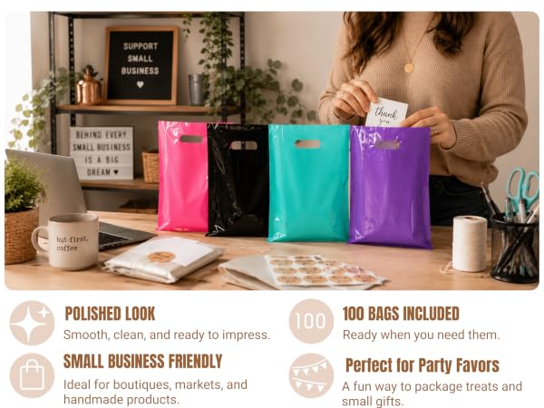 Glossy merchandise bags with a polished look and 100-count value pack.