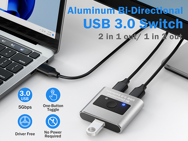 Aluminum Bi-Directional USB 3.0 Switch 2 in 1 out/ 1 in 2 out USB SWITCHER 2 COMPUTERS