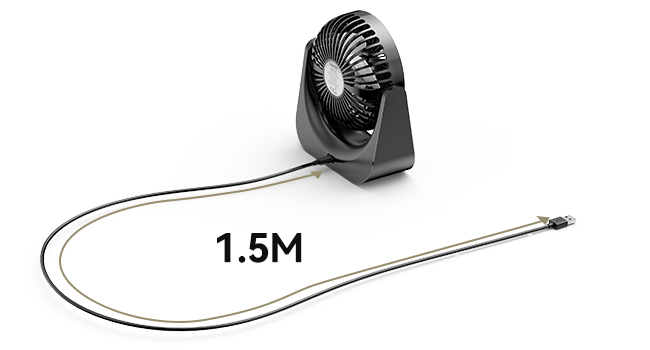 Small black electric fan with 1.5M cord. Compact design suitable for desktop or portable use.