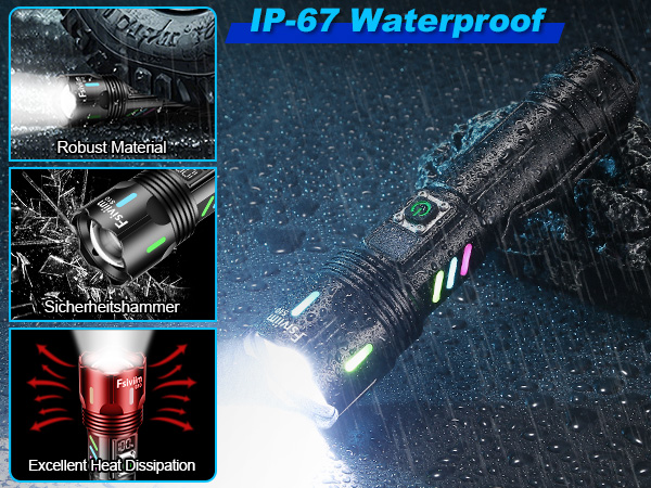Text reads 'IP-67 Waterproof'. Four panel product demonstration showing waterproof flashlight functionality with water splashing effects and beam patterns.