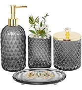 Haturi Gray Glass Bathroom Accessories Set, 4-Piece - Lotion Soap Dispenser, Toothbrush Holder, C...