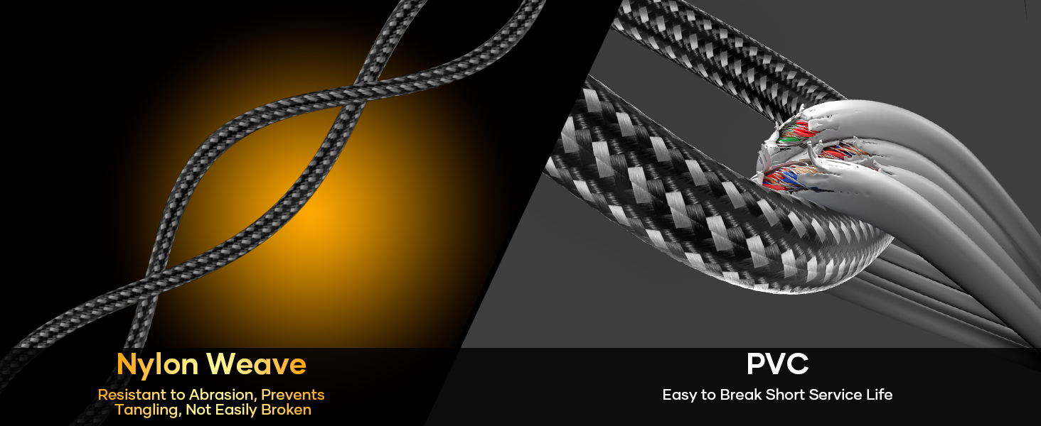 Split image comparing cable materials. Left: Nylon weave cables against yellow background. Right: PVC cables with braided outer layer and exposed inner wires.