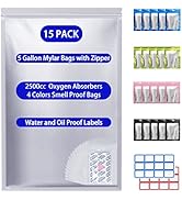 LinsKind 15 Pcs 5 Gallon Mylar Bags with 2500CC Oxygen Absorbers for food storage, Food Grade &amp; L...