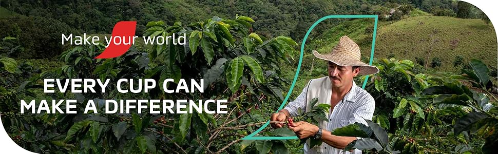 A farmer picking coffee cherries off a coffee tree. Make your world. Every cup can make a difference