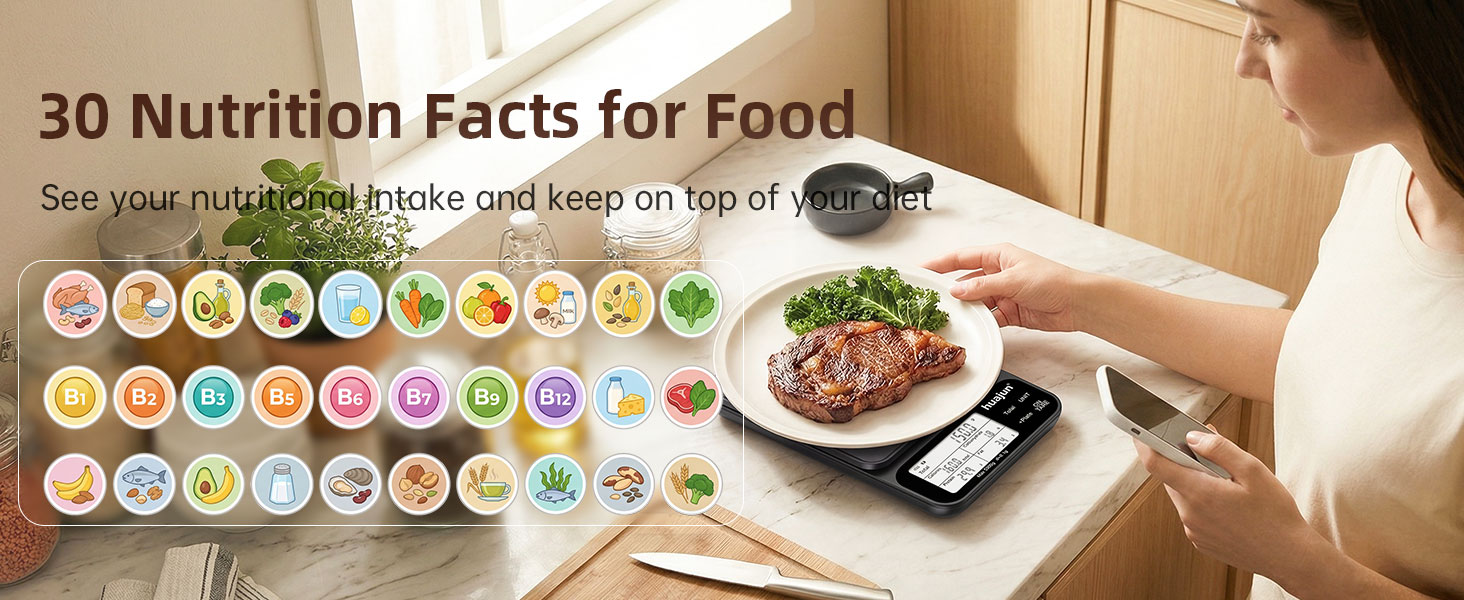Text reads '30 Nutrition Facts for Food'. Composite image showing multiple circular nutrition/food icons and woman holding plate of prepared food at dining table.