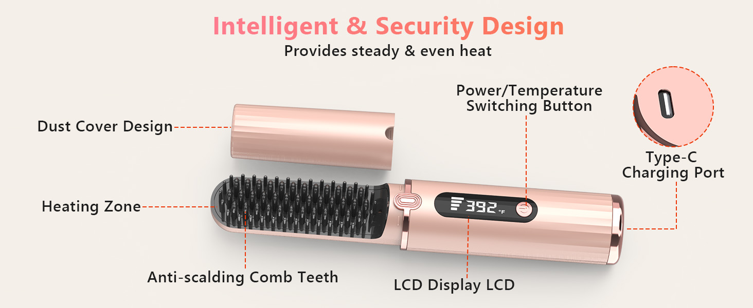 Cordless Hair Straightener Brush, Portable 4500mAh Rechargeable Straightening Comb, MCH Fast Heat