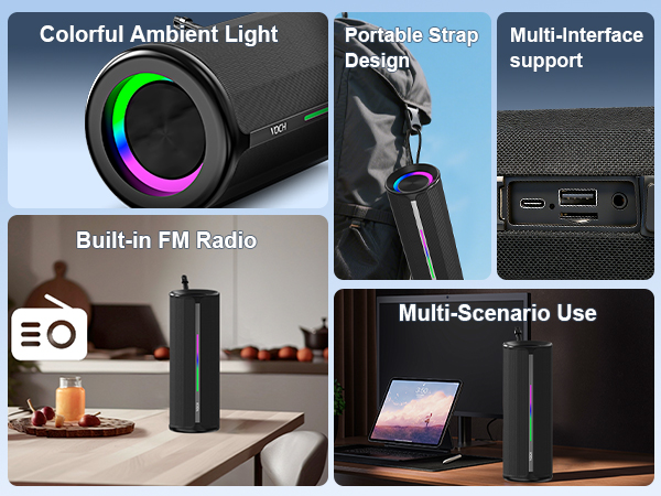 Text reads 'Colorful Ambient Light', 'Portable Strap', 'Multi-interface Support', 'Built-in FM Radio', 'Multi-Scenario Use.' Compact black wireless speaker with LED RGB lighting, shown in multiple usage scenarios on desk and laptop.