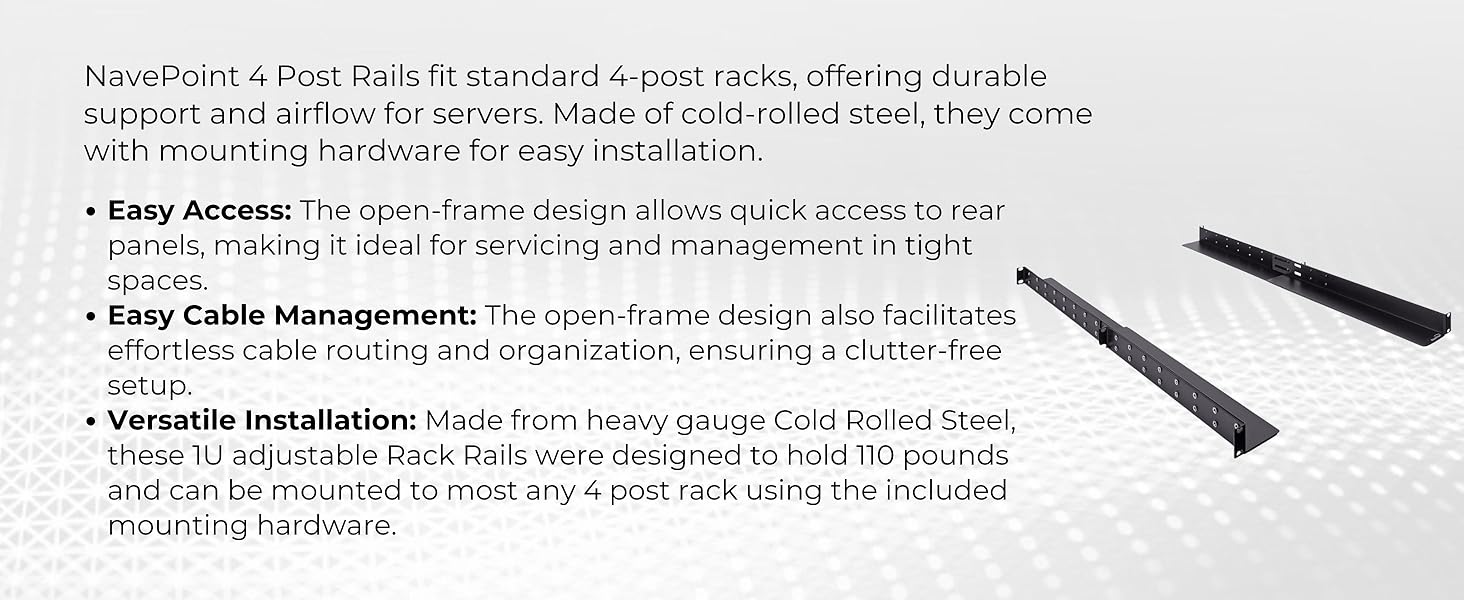 NavePoint 1U Adjustable Rack Mount Server Shelf Rails