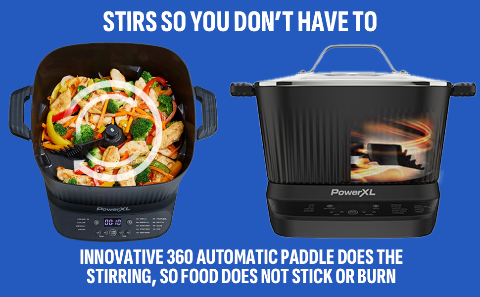 Two pictures of a crock pot showing a paddle with automatic stirring feature.