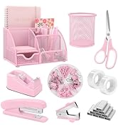 SKYDUE Pink Desk Accessories, Pink Office Supplies Set, Mesh Desk Organizer, Stapler, Tape Dispen...