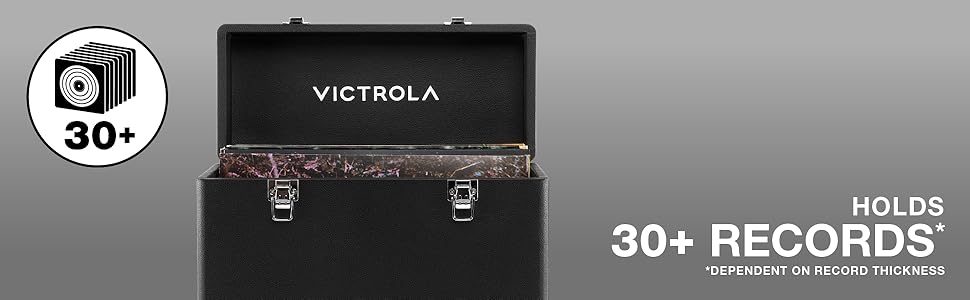 Black vinyl record case holding 30+ LP albums with secure clasps