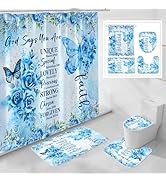 Litabel 4 Pcs Blue Butterfly Inspirational Quotes Shower Curtain Set with Rugs and Toilet Lid Cov...