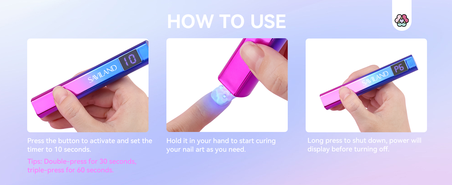 Step-by-step instruction panels showing application process for a pink and blue cosmetic or skincare applicator device.
