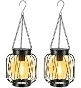 Solar Lanterns Outdoor 2 Pack, Metal Solar Hanging Lanterns with Hook - Outdoor Hanging Lantern L...