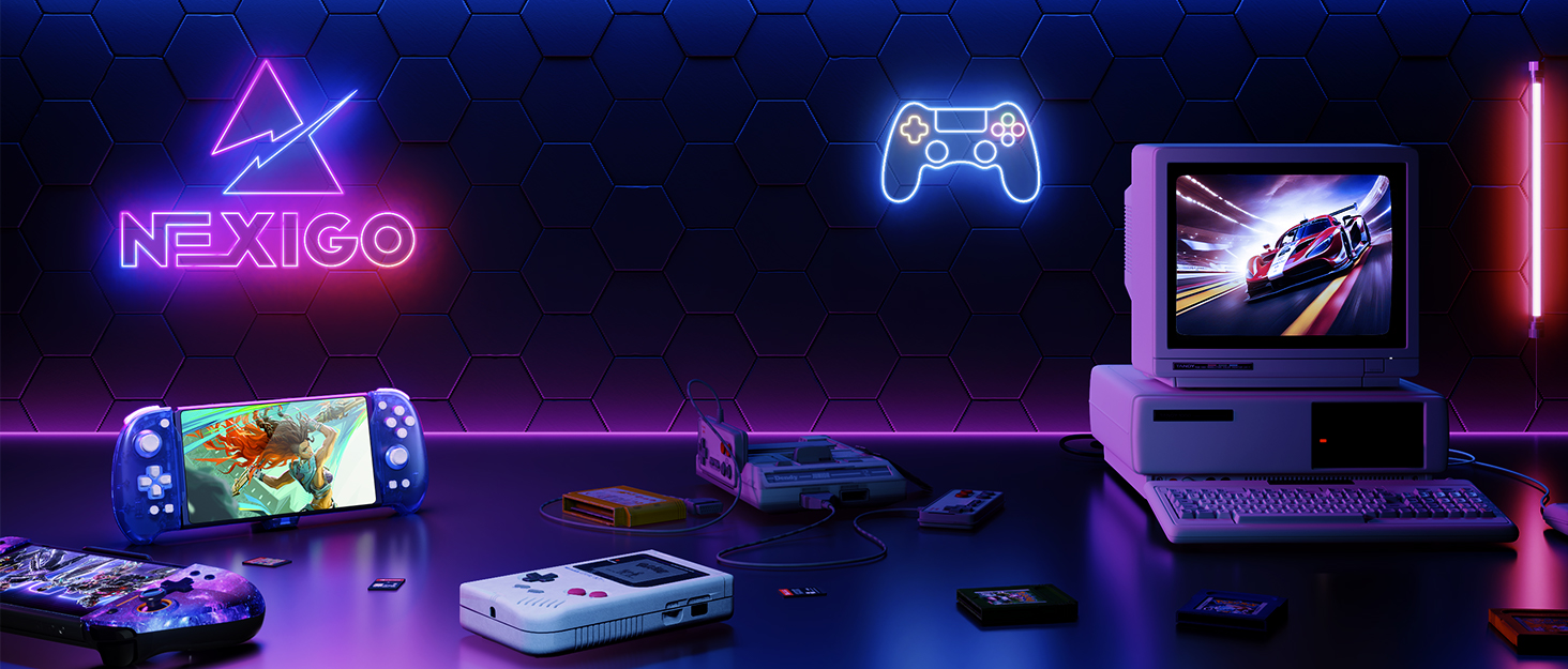NexiGo game controllers scattered across a gaming desk