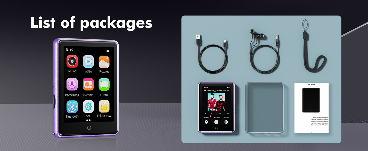 64GB MP3 Player with Bluetooth 5.3,FM Radio,Voice Recorder,Supports Up to 128GB