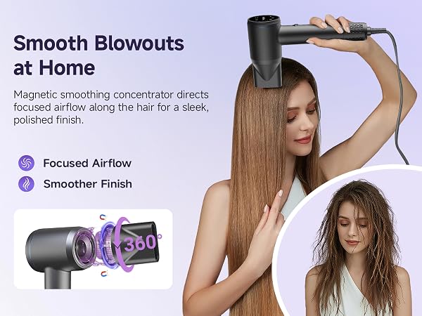 Hair dryer with magnetic concentrator for smooth blowouts