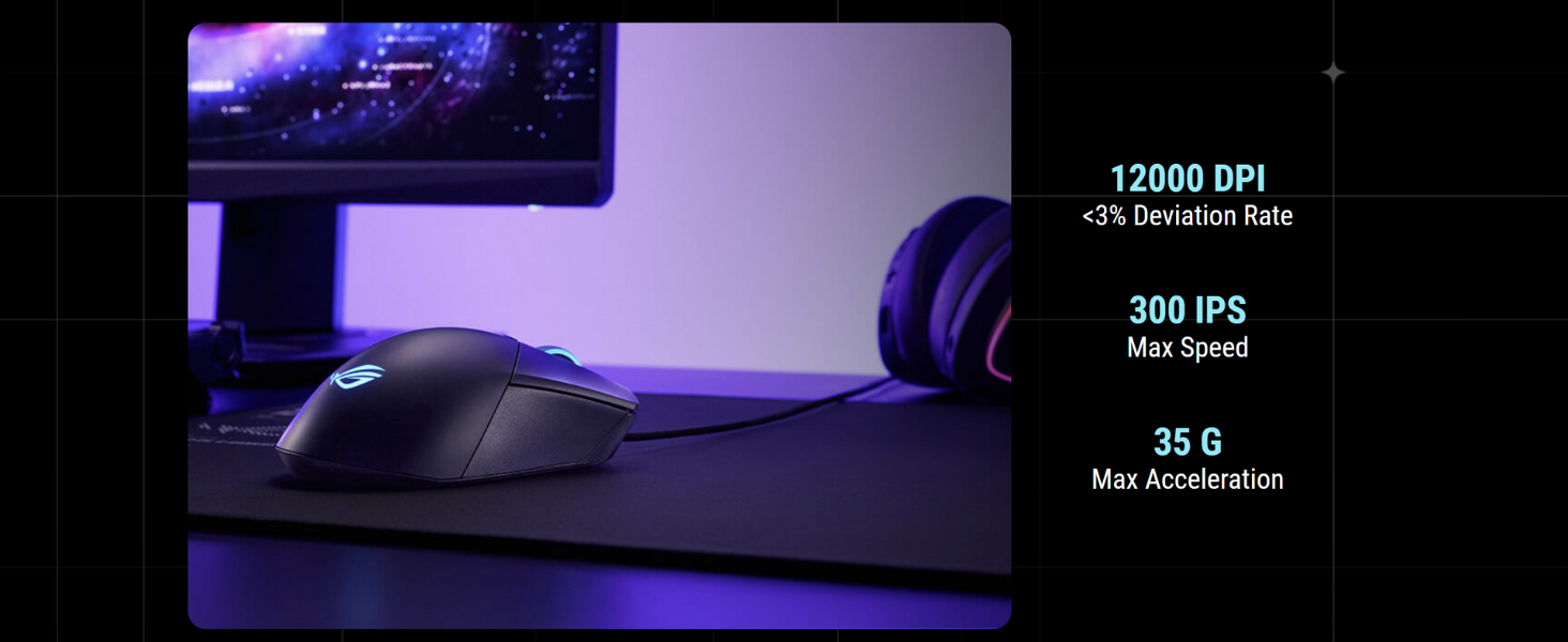 side view of ROG Gladius III Core with DPI, max speed and max acceleration specs