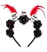 TIIZIISII Halloween Gothic Skull Headband Black Rose Red Feather Hairband | Day of the dead costu...