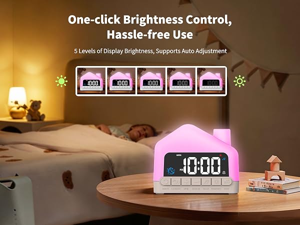 Text reads "One-click Brightness Control, Hassle-free Use" and "5 Levels of Display Brightness, Supports Auto Adjustment." White house-shaped digital alarm clock with purple display showing time 10:00, displayed on nightstand with adjustable brightness levels shown.