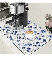Watercolor Blue Cornflower Dish Drying Mat for Kitchen Counter Floral Coffee Bar Mat Hide Stain A...