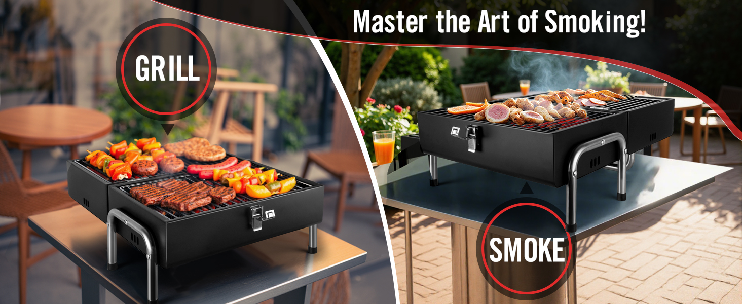 Dual-function grill and smoker. Shows meat cooking on grill grates. Text reads 'Master the Art of Smoking!' with 'GRILL' and 'SMOKE' labels.