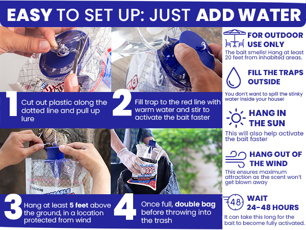 Easy to set up big bag fly traps outdoor. Just add water and hang.