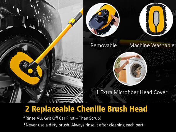 Car cleaning brush with yellow replaceable chenille head. Features include removable head, machine washable, and extra microfiber cover. Shown cleaning car wheel with water spray.