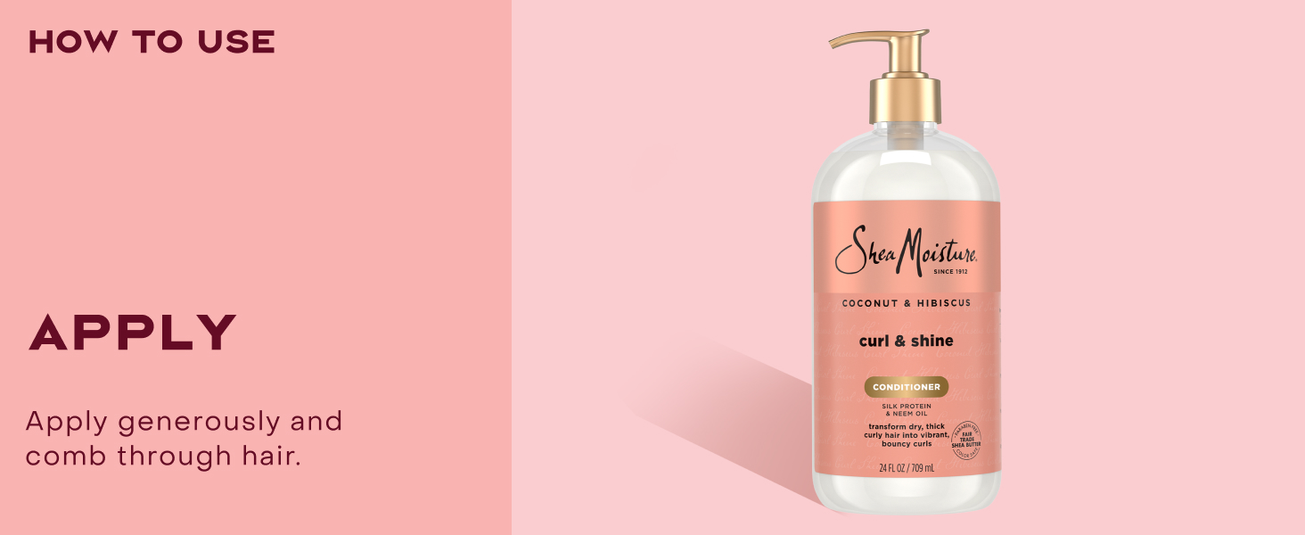Image of the SheaMoisture Curl &amp;amp; Shine Conditioner pump bottle, next to applying instructions.