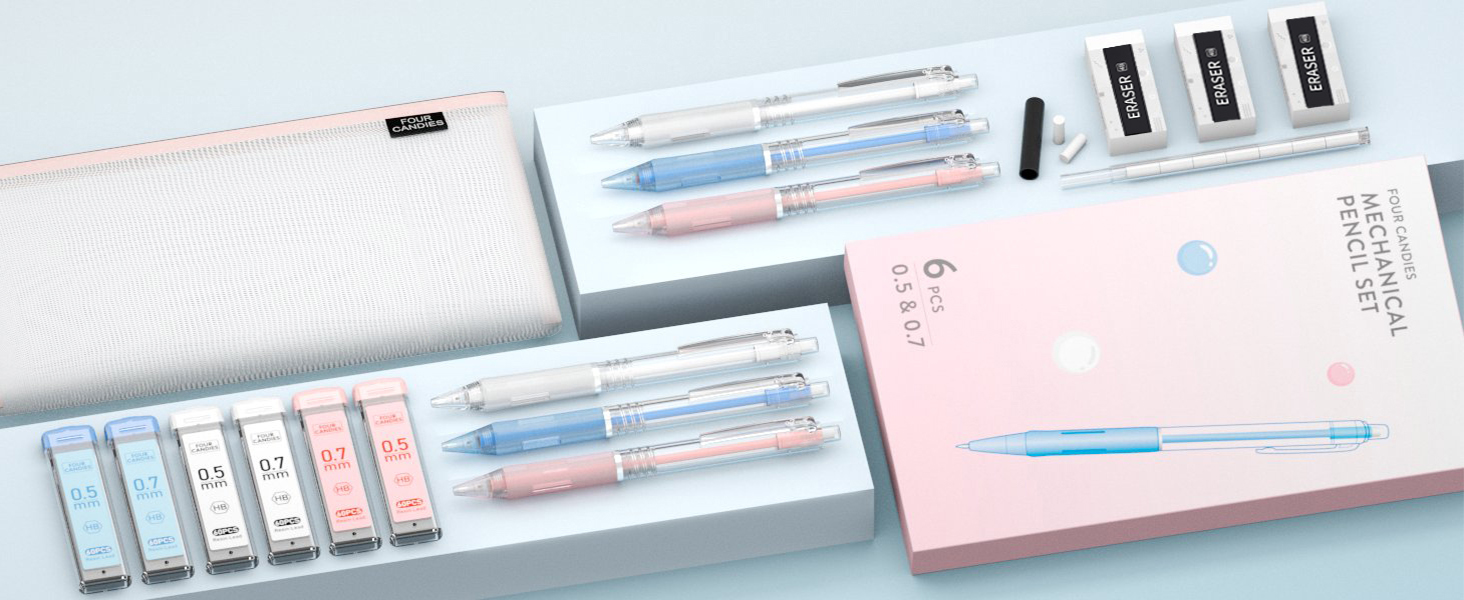 Four Candies Pastel Mechanical Pencil Set with Cute Pencil Case 0.5 0.7 mm 0.7mm 0.5mm Lead Refills