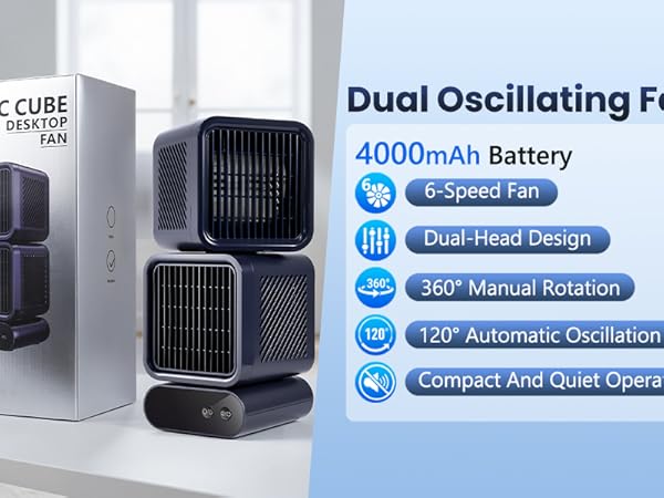 Nauttxon Dual-Head Desk Fan - Rechargeable Desktop Fan for Bedroom Office Home Desk Outdoor