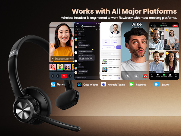 Text reads 'Works with All Major Platforms'. Marketing image showing headset alongside multiple social media platform interfaces and video chat screens.