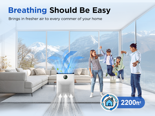 Large room HEPA air purifier removes pet dander, pollen, and dust for whole-family protection