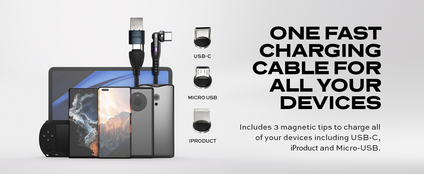 Universal charging cable product display showing multiple device compatibility icons and 'ONE FAST CHARGING CABLE FOR ALL YOUR DEVICES' text.