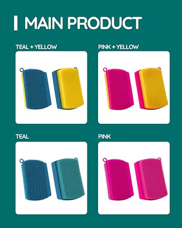 Four Flickly silicone scrubbers in teal, yellow, and pink color combinations.