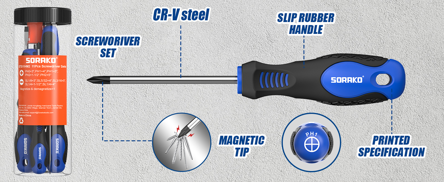 11-Pieces Magnetic Screw driver, Magnetic 5 Phillips and 5 Flat Head Tips