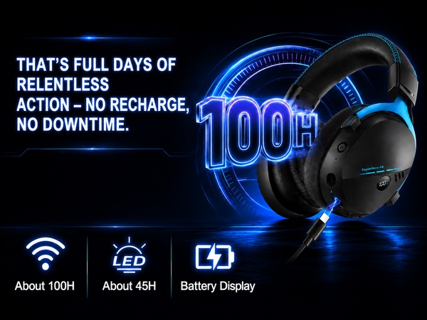Text reads 'THAT'S FULL DAYS OF RELENTLESS ACTION - NO RECHARGE. NO DOWNTIME. 100H' with icons for 'About 100H', 'About 45H', 'Battery Display'. Black wireless headphones with blue neon lighting on dark background.